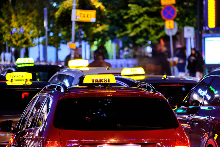 The taxi cars near the Station at night
